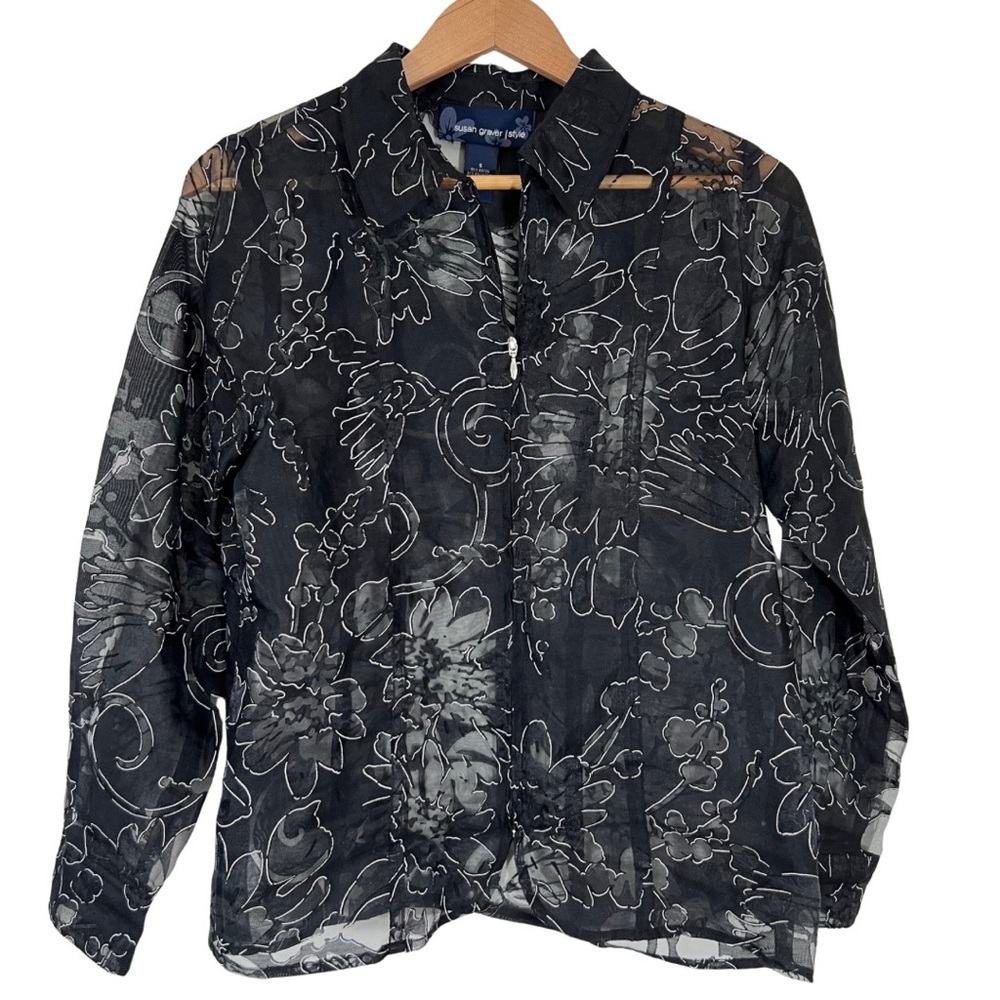 Susan Graver Zip Up Top Black Floral Burnout Womens Small
